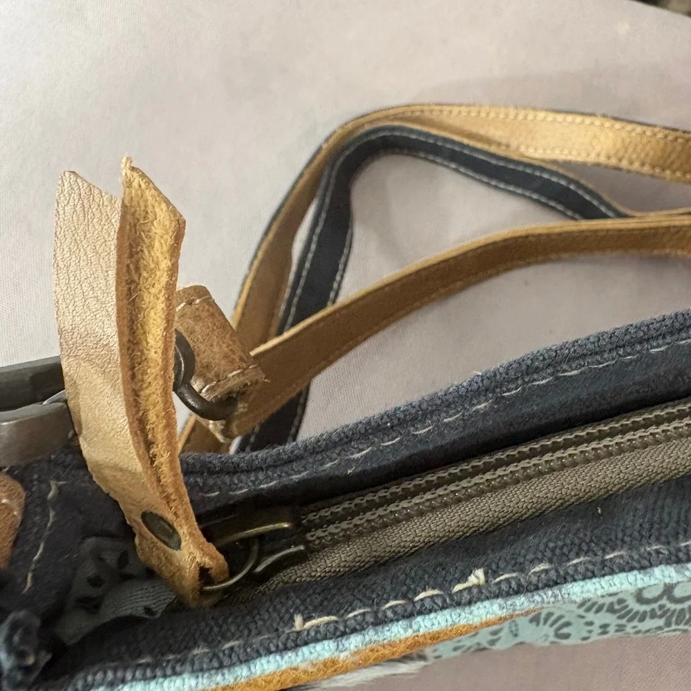 Myra Bag Handbag Small Teal Black Brown Crossbody Boho‎ Cowhide Canvas Mandala